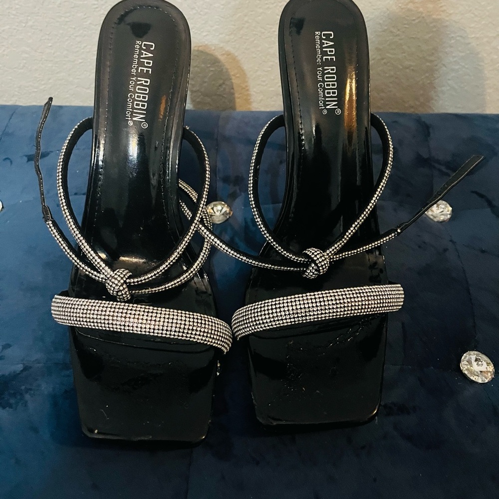 Cape Robbin Black Heels with Glittering Silver Straps